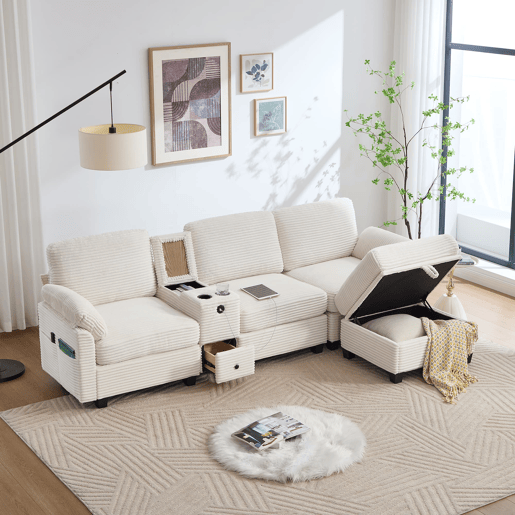 Sofá Cord 3 lugares - Espuma confortável, consola removível, USB-C, arrumação - Bege