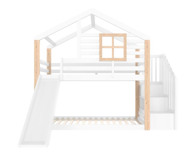 Cama litera infantil 90x200 cm - con rampa y escalera - estilo escandinavo - madera maciza - blanco