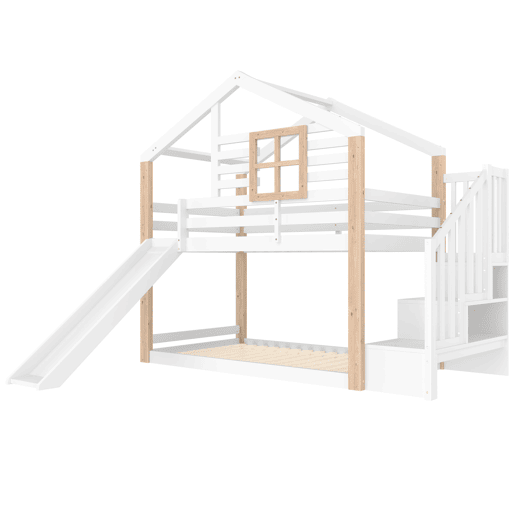 Beliche infantil 90x200 cm - Com rampa e escada - Estilo escandinavo - Madeira maciça - Branco