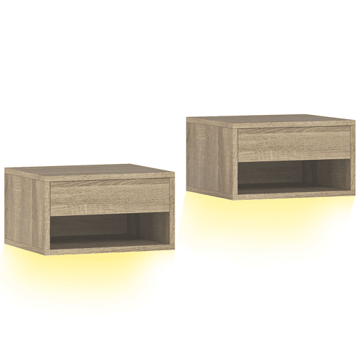 HOMCOM Conjunto de 2 Mesas de Cabeceira Flutuantes com Luzes LED RGB Controlo por APP Mesas de Cabeceira para Quarto com Gaveta Prateleira Aberta 37x32x21 cm Madeira
