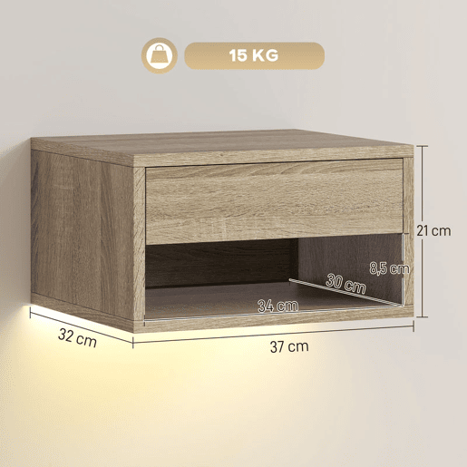 HOMCOM Conjunto de 2 Mesas de Cabeceira Flutuantes com Luzes LED RGB Controlo por APP Mesas de Cabeceira para Quarto com Gaveta Prateleira Aberta 37x32x21 cm Madeira