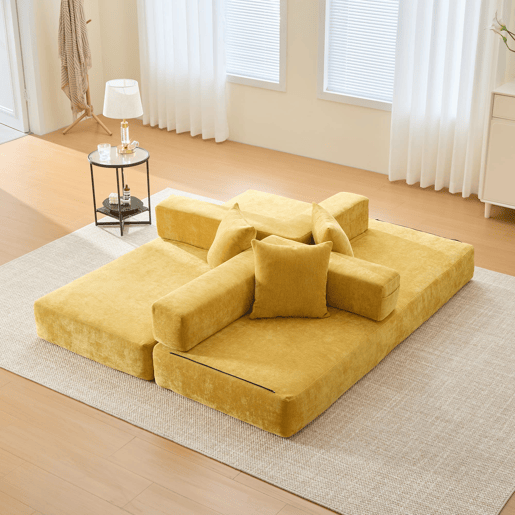 Sofá modular de 2 lugares - chenille supermacio, combinável com bolsos laterais - amarelo mostarda Sofá modular de 2 lugares - chenille supermacio, combinável com bolsos laterais - amarelo mostarda