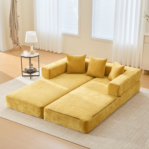 Sofá modular de 2 lugares - chenille supermacio, combinável com bolsos laterais - amarelo mostarda Sofá modular de 2 lugares - chenille supermacio, combinável com bolsos laterais - amarelo mostarda