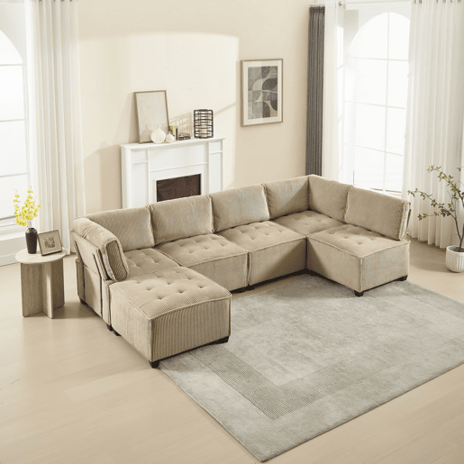 Sofá modular de 6 lugares - Veludo cotelê, ergonómico, com arrumação, convertível, estrutura estável - Cáqui