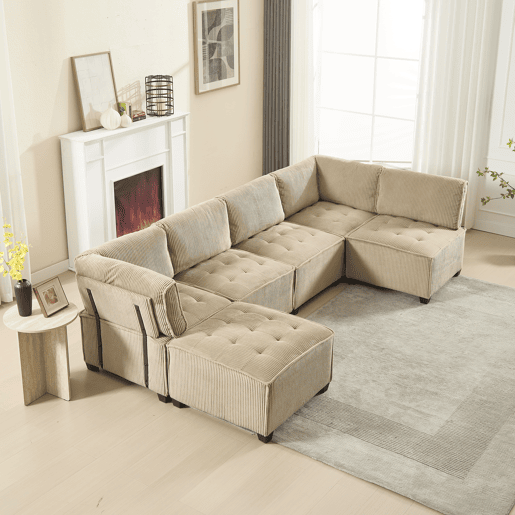 Sofá modular de 6 lugares - Veludo cotelê, ergonómico, com arrumação, convertível, estrutura estável - Cáqui