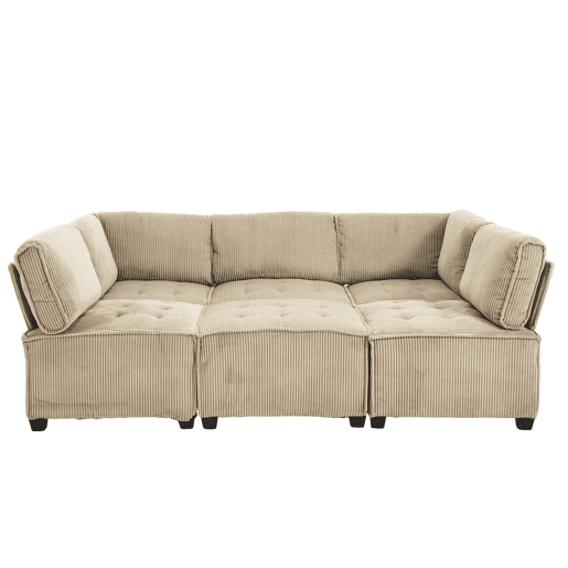 Sofá modular de 6 lugares - Veludo cotelê, ergonómico, com arrumação, convertível, estrutura estável - Cáqui