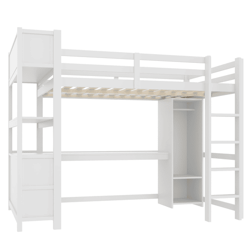 Cama alta 140x200 cm - Estantes, vários compartimentos, secretária, armário - Branco