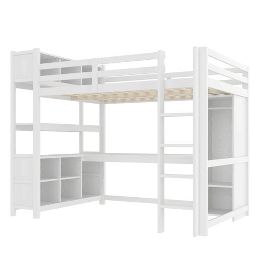 Cama alta 140x200 cm - Estantes, vários compartimentos, secretária, armário - Branco