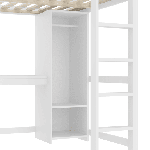 Cama alta 140x200 cm - Estantes, vários compartimentos, secretária, armário - Branco