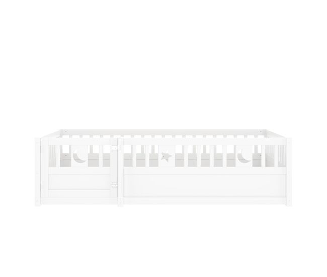 Cama infantil, 90x190 cm - con rejilla, decoración de estrella y luna, estilo minimalista, blanco