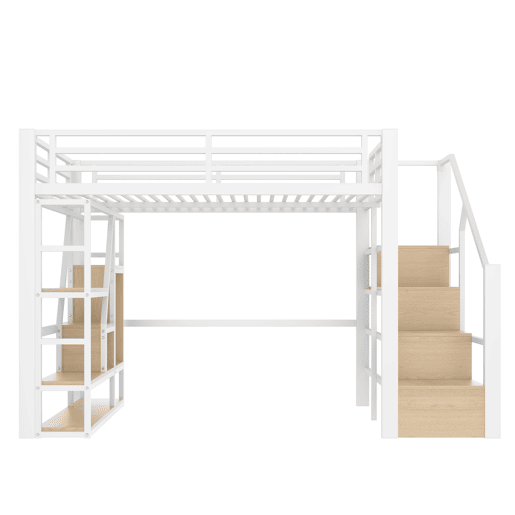Cama loft 140x200 cm - Estrutura em ferro, prateleira, escadas integradas, corrimão, luz LED, arrumação aberta - Branco