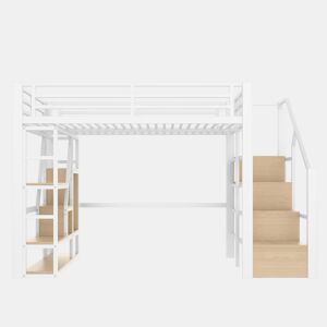 Cama loft 140x200 cm - Estrutura em ferro, prateleira, escadas integradas, corrimão, luz LED, arrumação aberta - Branco