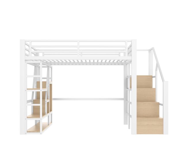 Cama loft 140x200 cm - estructura de hierro, estante, escaleras integradas, barandilla, luz led, almacenamiento abierto - blanco