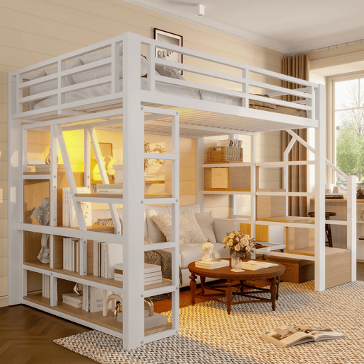 Cama loft 140x200 cm - Estrutura em ferro, prateleira, escadas integradas, corrimão, luz LED, arrumação aberta - Branco