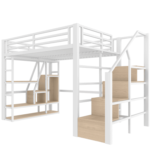 Cama loft 140x200 cm - Estrutura em ferro, prateleira, escadas integradas, corrimão, luz LED, arrumação aberta - Branco