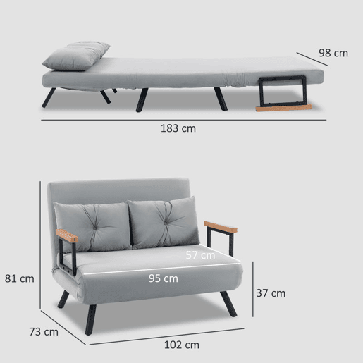 HOMCOM Sofá Cama Sofá Convertível em Cama de 2 Lugares Dobrável com Encosto Ajustável em 5 Níveis e 2 Almofadas Acolchoadas para Escritório Dormitório Sala de Estar 102x73x81 cm Cinza Claro