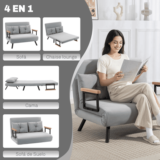 HOMCOM Sofá Cama Sofá Convertível em Cama de 2 Lugares Dobrável com Encosto Ajustável em 5 Níveis e 2 Almofadas Acolchoadas para Escritório Dormitório Sala de Estar 102x73x81 cm Cinza Claro