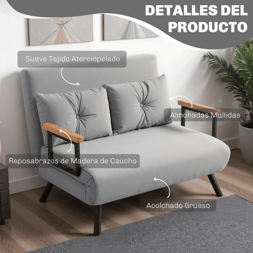 HOMCOM Sofá Cama Sofá Convertível em Cama de 2 Lugares Dobrável com Encosto Ajustável em 5 Níveis e 2 Almofadas Acolchoadas para Escritório Dormitório Sala de Estar 102x73x81 cm Cinza Claro