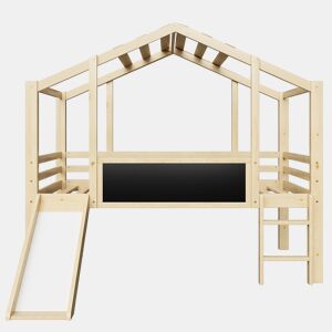 Cama infantil 90x200 cm - Design loft com escada e escorregador, quadro de grafite, cama multifuncional, cor madeira