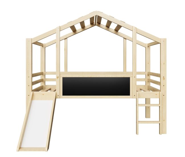 Cama infantil 90x200 cm - diseño ático con escalera y tobogán, pizarra de graffiti, cama multifuncional, color madera