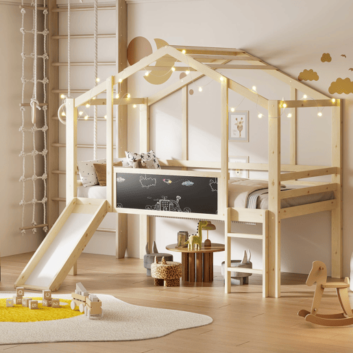 Cama infantil 90x200 cm - Design loft com escada e escorregador, quadro de grafite, cama multifuncional, cor madeira Cama infantil 90x200 cm - Design loft com escada e escorregador, quadro de grafite, cama multifuncional, cor madeira