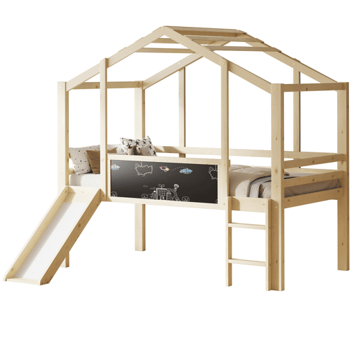 Cama infantil 90x200 cm - Design loft com escada e escorregador, quadro de grafite, cama multifuncional, cor madeira Cama infantil 90x200 cm - Design loft com escada e escorregador, quadro de grafite, cama multifuncional, cor madeira
