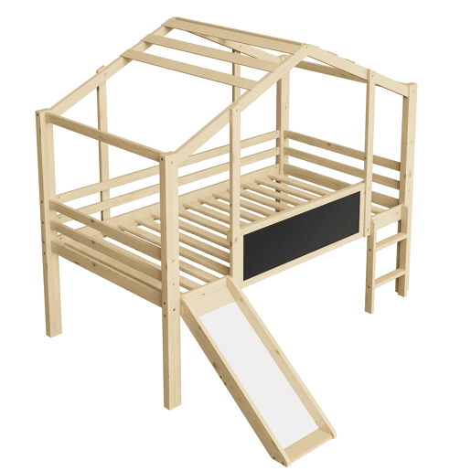 Cama infantil 90x200 cm - Design loft com escada e escorregador, quadro de grafite, cama multifuncional, cor madeira Cama infantil 90x200 cm - Design loft com escada e escorregador, quadro de grafite, cama multifuncional, cor madeira