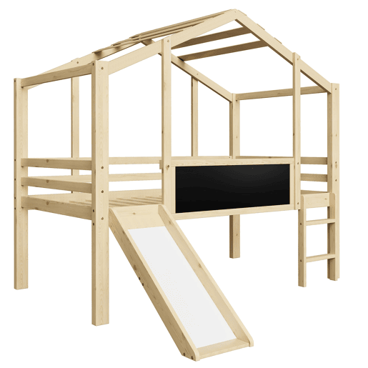 Cama infantil 90x200 cm - Design loft com escada e escorregador, quadro de grafite, cama multifuncional, cor madeira Cama infantil 90x200 cm - Design loft com escada e escorregador, quadro de grafite, cama multifuncional, cor madeira