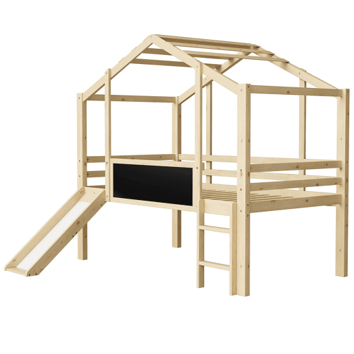 Cama infantil 90x200 cm - Design loft com escada e escorregador, quadro de grafite, cama multifuncional, cor madeira Cama infantil 90x200 cm - Design loft com escada e escorregador, quadro de grafite, cama multifuncional, cor madeira