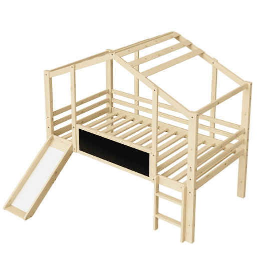 Cama infantil 90x200 cm - Design loft com escada e escorregador, quadro de grafite, cama multifuncional, cor madeira Cama infantil 90x200 cm - Design loft com escada e escorregador, quadro de grafite, cama multifuncional, cor madeira