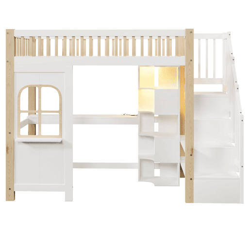 Cama alta 90x200 cm - Com luzes LED, janela, escada com arrumação, secretária, tomada - Branco+Natural