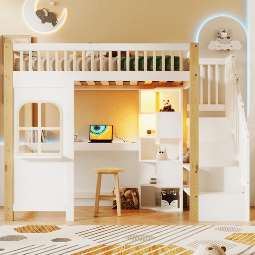 Cama alta 90x200 cm - Com luzes LED, janela, escada com arrumação, secretária, tomada - Branco+Natural