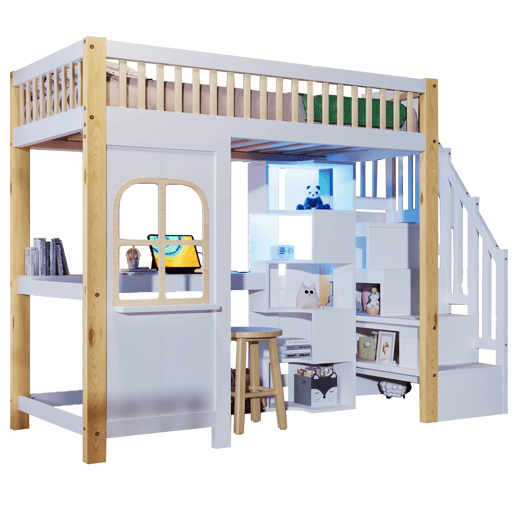 Cama alta 90x200 cm - Com luzes LED, janela, escada com arrumação, secretária, tomada - Branco+Natural