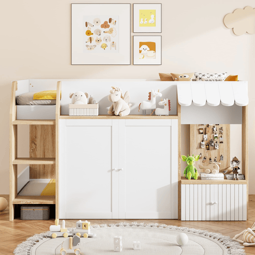 Cama infantil 90x200 - Com espaço de arrumação, escada de trepar, cama alta em madeira maciça - Cor madeira e branco