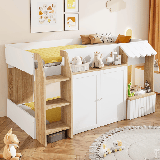Cama infantil 90x200 - Com espaço de arrumação, escada de trepar, cama alta em madeira maciça - Cor madeira e branco