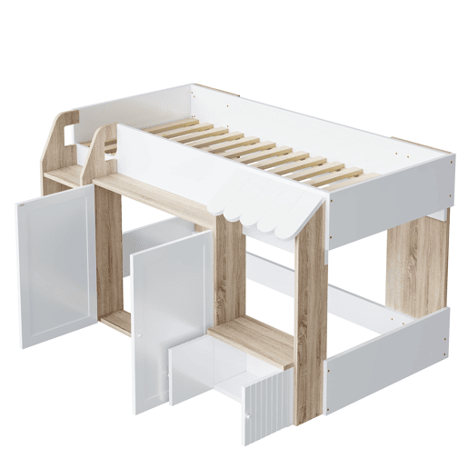 Cama infantil 90x200 - Com espaço de arrumação, escada de trepar, cama alta em madeira maciça - Cor madeira e branco