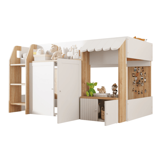Cama infantil 90x200 - Com espaço de arrumação, escada de trepar, cama alta em madeira maciça - Cor madeira e branco