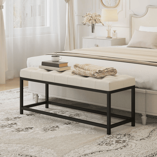HOMCOM Banco aos Pés da Cama Estofado em Veludo Banqueta para Quarto Design Capitonê Base de Metal Banco para Quarto Entrada Sala 117x40x48 cm Creme