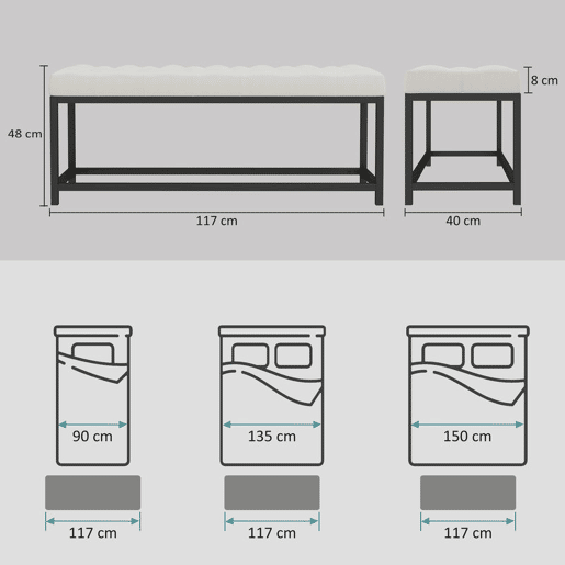 HOMCOM Banco aos Pés da Cama Estofado em Veludo Banqueta para Quarto Design Capitonê Base de Metal Banco para Quarto Entrada Sala 117x40x48 cm Creme
