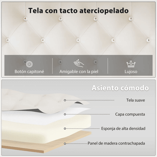 HOMCOM Banco aos Pés da Cama Estofado em Veludo Banqueta para Quarto Design Capitonê Base de Metal Banco para Quarto Entrada Sala 117x40x48 cm Creme