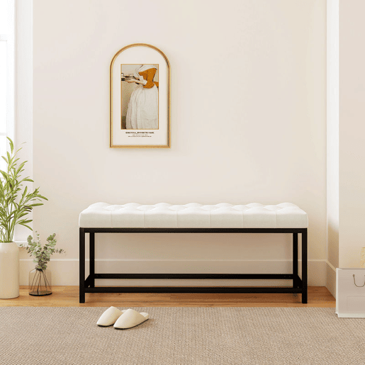 HOMCOM Banco aos Pés da Cama Estofado em Veludo Banqueta para Quarto Design Capitonê Base de Metal Banco para Quarto Entrada Sala 117x40x48 cm Creme