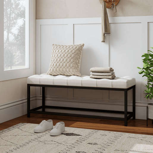 HOMCOM Banco aos Pés da Cama Estofado em Veludo Banqueta para Quarto Design Capitonê Base de Metal Banco para Quarto Entrada Sala 117x40x48 cm Creme