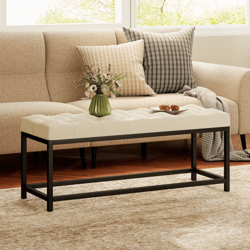 HOMCOM Banco aos Pés da Cama Estofado em Veludo Banqueta para Quarto Design Capitonê Base de Metal Banco para Quarto Entrada Sala 117x40x48 cm Creme