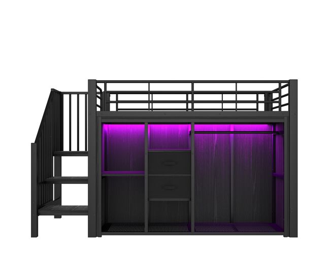 Cama loft 90x200 cm - 2 cajones, armario abierto, led multicolor, almacenamiento - negro