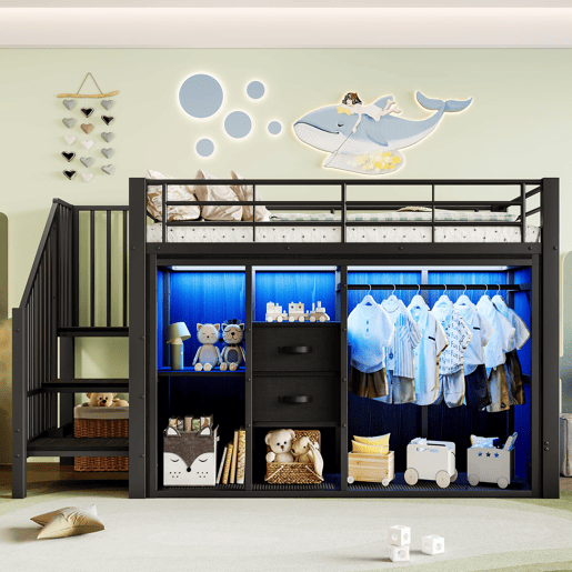 Cama loft 90x200 cm - 2 gavetas, armário aberto, LED multicolorido, arrumação - preto