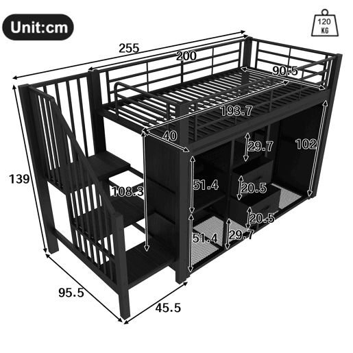 Cama loft 90x200 cm - 2 gavetas, armário aberto, LED multicolorido, arrumação - preto