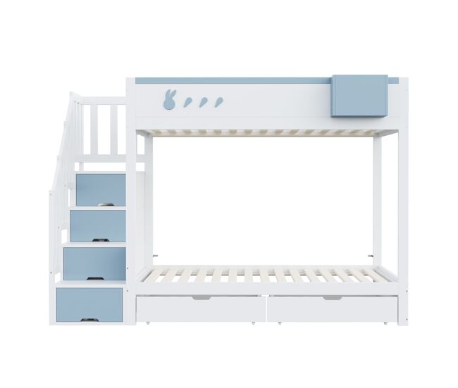 Cama litera infantil 90x200 cm - con motivos de conejo y zanahorias, escalera segura, cajones, blanco y azul