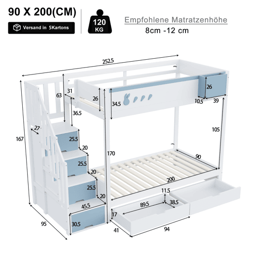 Cama beliche infantil 90x200 cm - Com motivos de coelhos e cenouras, escada segura, gavetas, branco e azul