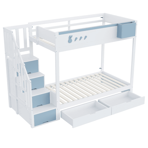 Cama beliche infantil 90x200 cm - Com motivos de coelhos e cenouras, escada segura, gavetas, branco e azul
