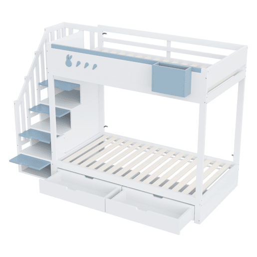 Cama beliche infantil 90x200 cm - Com motivos de coelhos e cenouras, escada segura, gavetas, branco e azul